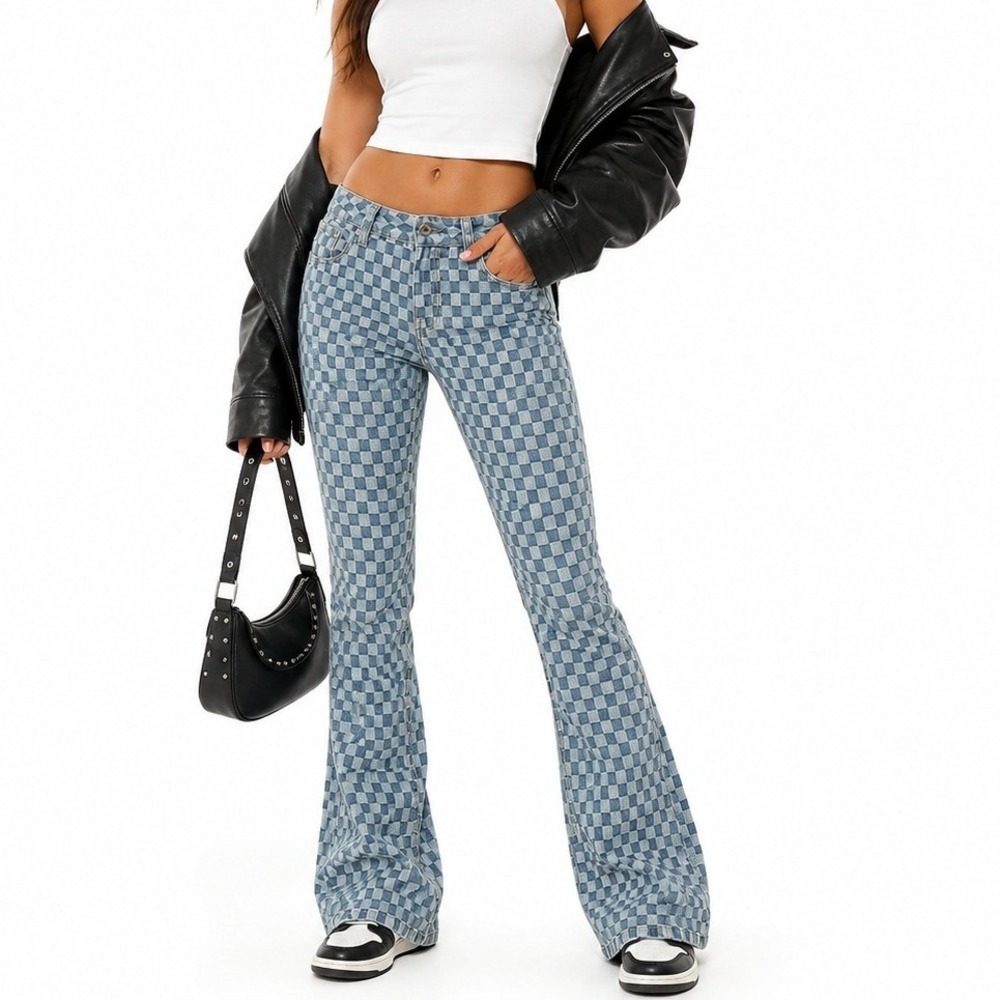 NWT Grace in LA Easy Fit Checkered Flare Jeans Blue Retro Woven Denim Size 25